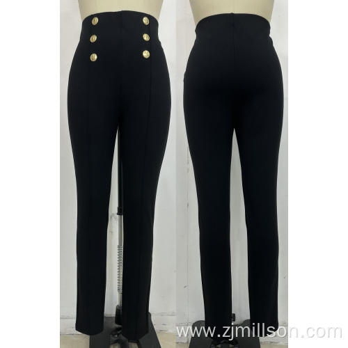 Front Button Decoration High Waisted Women's Tight Pants